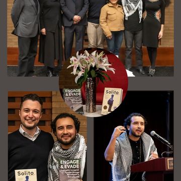 Collage of pictures of Authors Asad L. Asad and Javier Zamora at the bottom. In the top there's a horizontal picture with Asad, Zamora, Alfredo Artiles, Paula Moya, Ramón Saldívar, Patricia Zamora and Bridget Algee-Hewitt